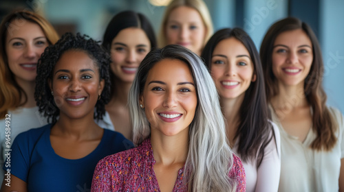 A promotional style photo of a group of happy, confident women of varying ethnicities, looking to camera and smiling. Wide landscape format 16:9 with copy space 