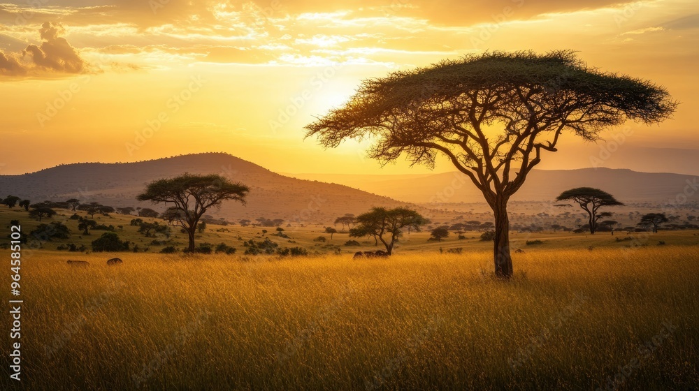 The dramatic landscape of Serengeti National Park, with rolling hills, acacia trees, and a golden sunset. The dramatic landscape of Serengeti National Park, with rolling hills, acacia trees, and a golden sunset.