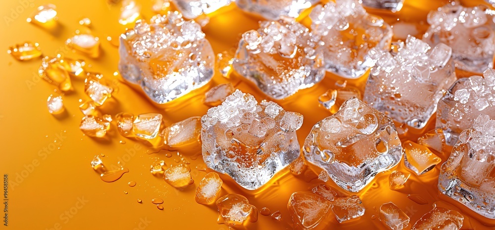 Close up of ice cubes on a yellow background. The ice cubes are melting and there are drops of water on the surface. Close up of ice cubes on a yellow background. The ice cubes are melting and there are drops of water on the surface.