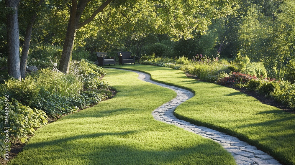 Garden stone walkway with lighted candles in the evening.landscape lawn with steping stone.photo Garden stone walkway with lighted candles in the evening.landscape lawn with steping stone.photo