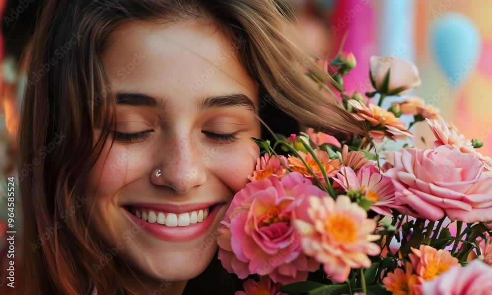 Surprising a young woman with a beautiful bouquet in a vibrant outdoor setting