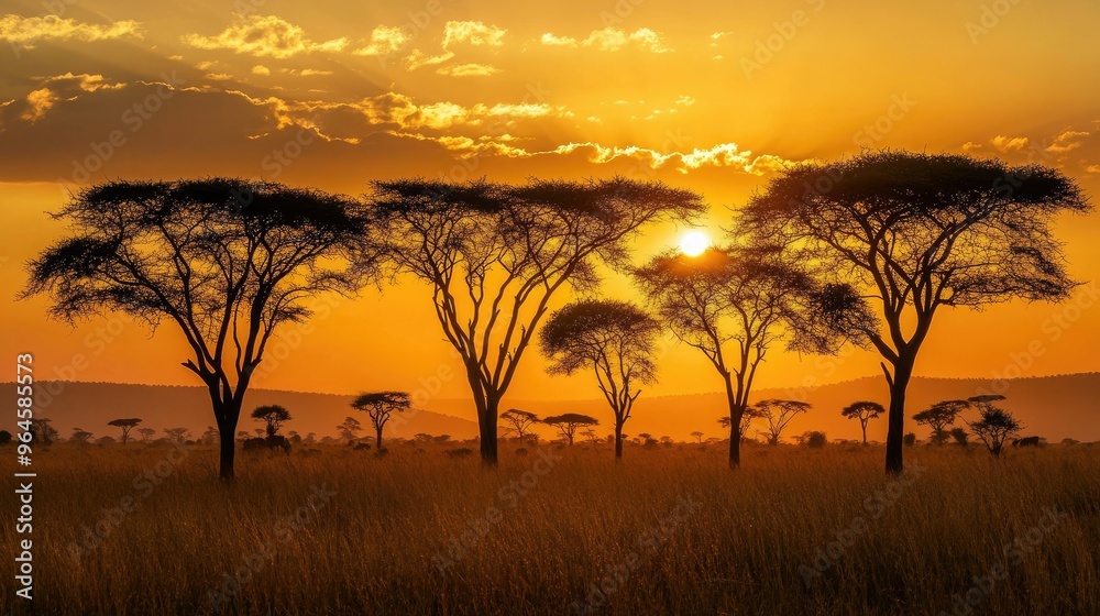 Naklejka premium The endless savanna of Serengeti National Park, with acacia trees silhouetted against a golden sunset.