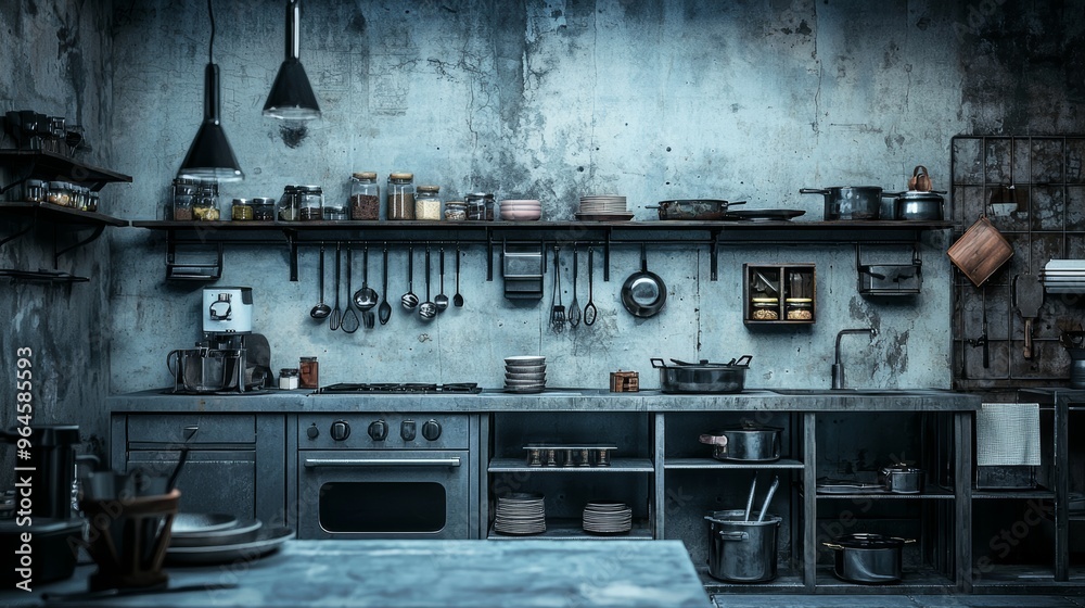 Minimalist Industrial Kitchen with Open Shelving and Modern Appliances in a Contemporary Setting Minimalist Industrial Kitchen with Open Shelving and Modern Appliances in a Contemporary Setting