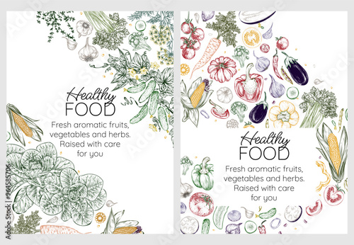Set of 2 vector healthy food banners. Vegetables and herbs. Pumpkin, tomato, cucumber, pepper, corn, beans, basil, mint, arugula, rosemary, thyme, onion, garlic, eggplant, sunflower, carrots, celery