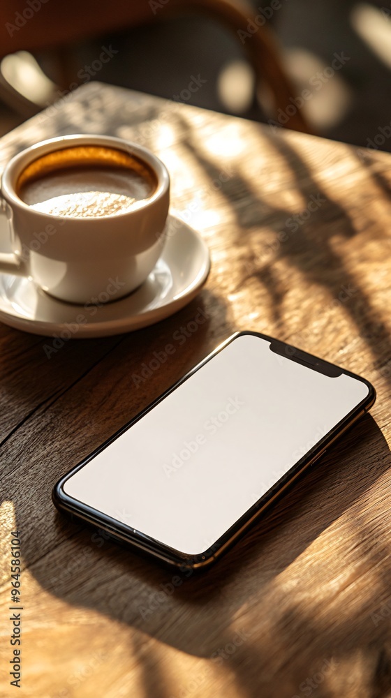 Smartphone and coffee cup on wooden table with sunlight. Smartphone and coffee cup on wooden table with sunlight.