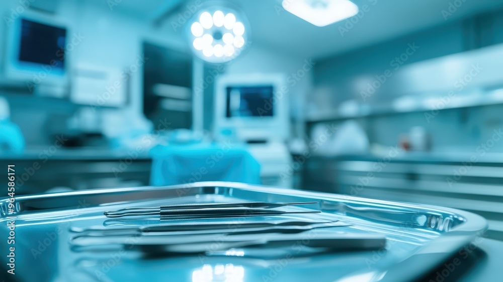 Fototapeta premium Close-up of a sterile medical tray with surgical instruments, focus on the scalpel and forceps, blurred operating room in the background.