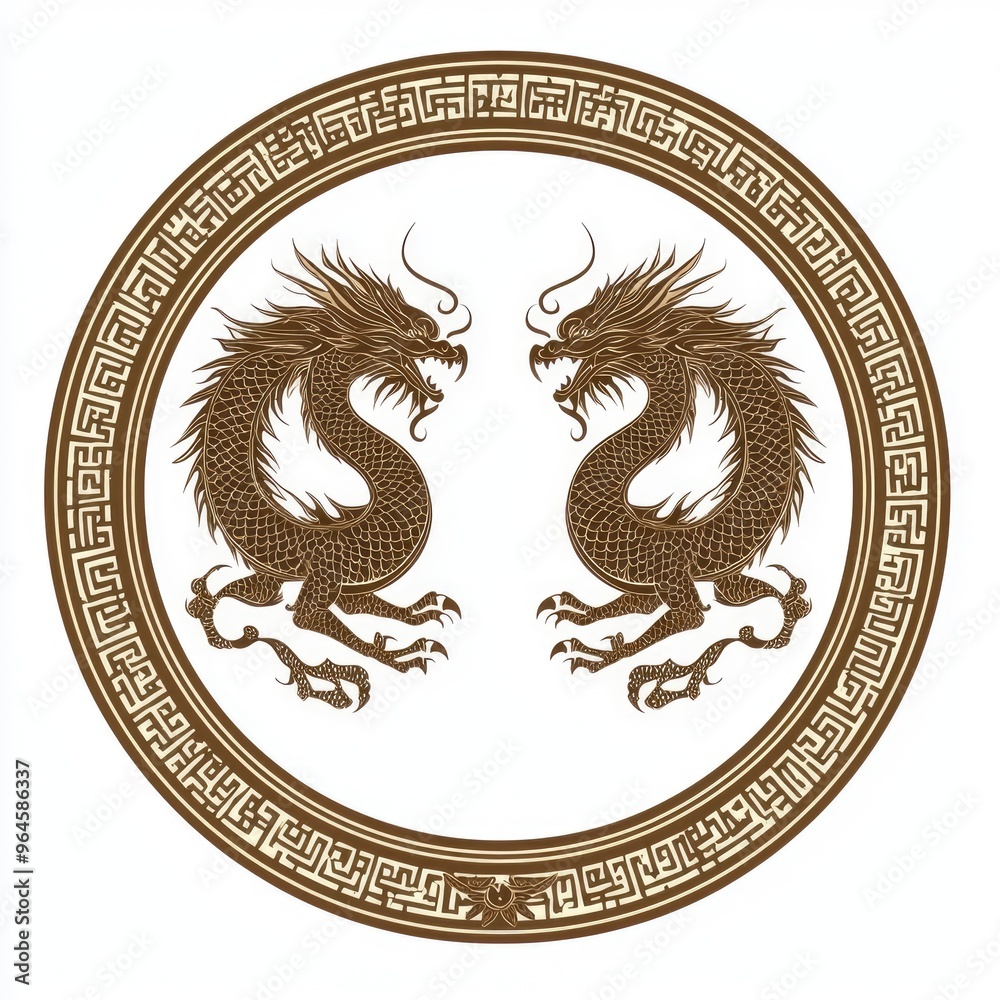 Obraz premium Chinese Dragon in a Circle with Clouds