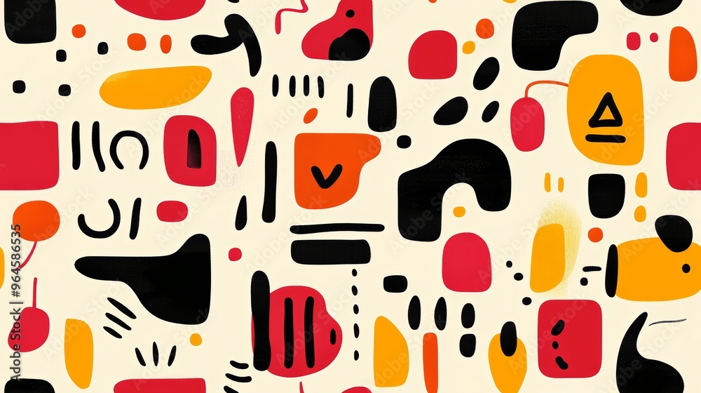 Abstract Seamless Background with Bold Geometric Shapes in Red, Black, and Yellow on a Creamy White Canvas Abstract Seamless Background with Bold Geometric Shapes in Red, Black, and Yellow on a Creamy White Canvas