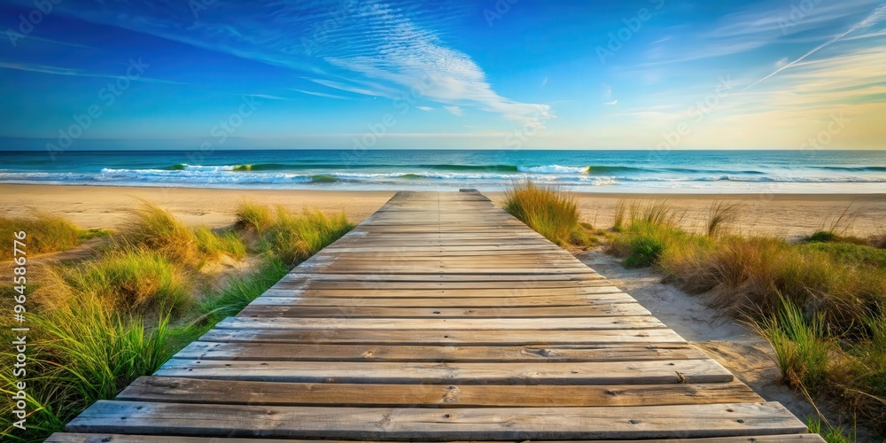 Fototapeta premium Scenic beach view with weathered wooden plank leading towards the ocean