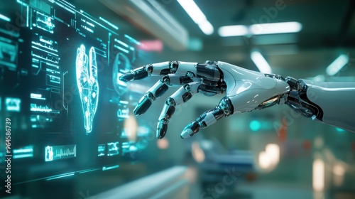 A robotic hand interacting with a holographic health interface, focus on the futuristic display, blurred modern healthcare environment in the background.