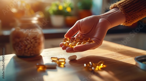 Hands setting out vitamins and supplements for the day, bright natural light, blurred kitchen counter in the background, sharp detail. photo