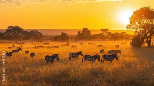 The golden grasslands of Kruger National Park at dawn, with a herd of zebras grazing in the distance.