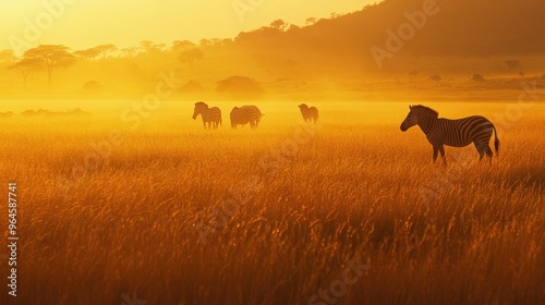 The golden grasslands of Kruger National Park at dawn, with a herd of zebras grazing in the distance.