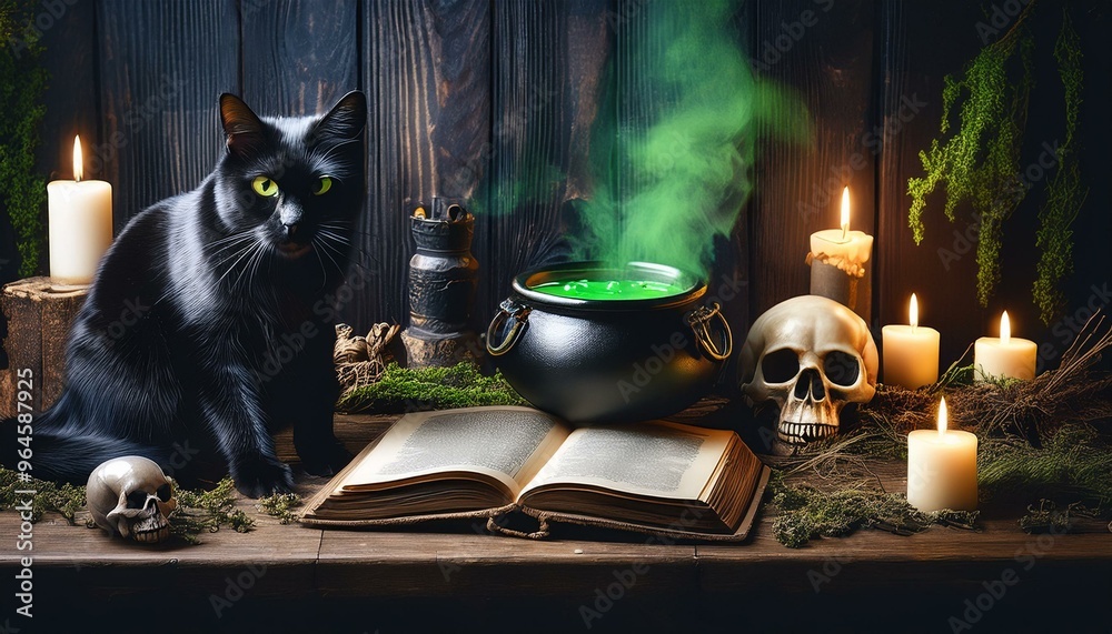 Witch's Potion and Spells Book: A dark, moody scene featuring a wooden table filled with Halloween-themed items: an open ancient spell book, bubbling green potion in a cauldron, skulls, candles, hallo Witch's Potion and Spells Book: A dark, moody scene featuring a wooden table filled with Halloween-themed items: an open ancient spell book, bubbling green potion in a cauldron, skulls, candles, hallo
