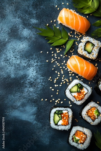 Sushi auf dunklem Hintergrund mit Sojasauce und Essstäbchen – minimalistische Anordnung