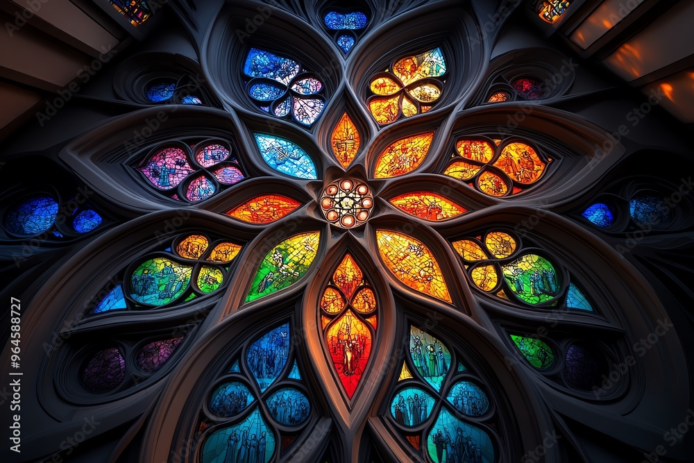 Gothic cathedral, stained glass windows, glowing in sunlight fills the interior with a kaleidoscope of colors, telling biblical stories in glass