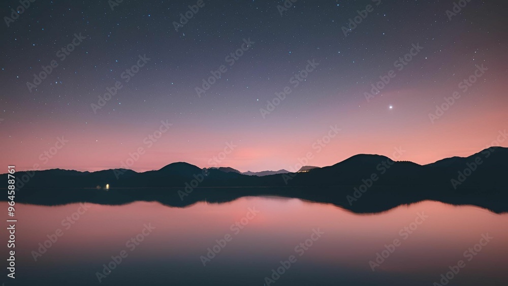 Dramatic mountain panorama with fiery sunset casting long shadows across the lake