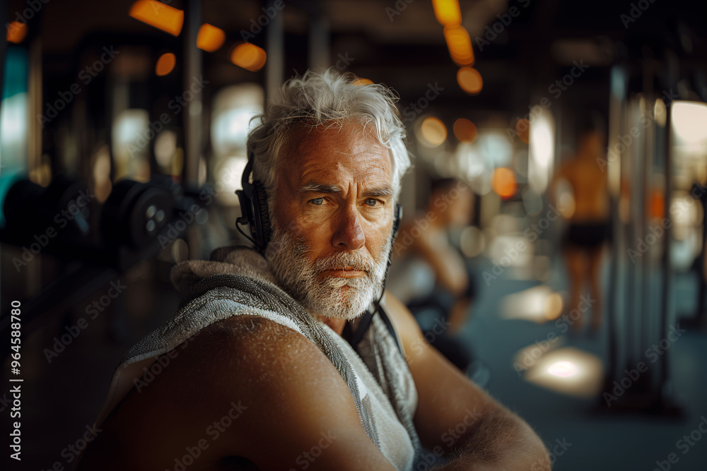 Middle-aged man with headphones relaxing in the gym after a workout. Concept of well-being, health, self-care, and fitness recovery. Middle-aged man with headphones relaxing in the gym after a workout. Concept of well-being, health, self-care, and fitness recovery.