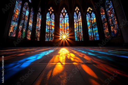 Gothic cathedral, stained glass windows, glowing in sunlight fills the interior with a kaleidoscope of colors, telling biblical stories in glass