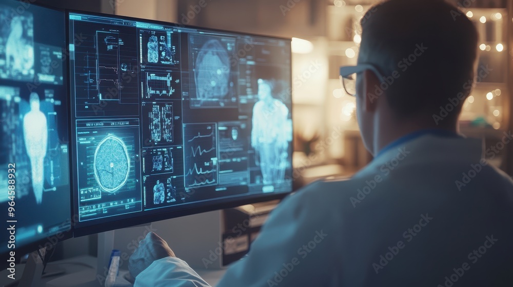 Close-up of a doctor on a virtual consultation screen, focus on the digital interface, blurred home office in the background, soft lighting. Close-up of a doctor on a virtual consultation screen, focus on the digital interface, blurred home office in the background, soft lighting.