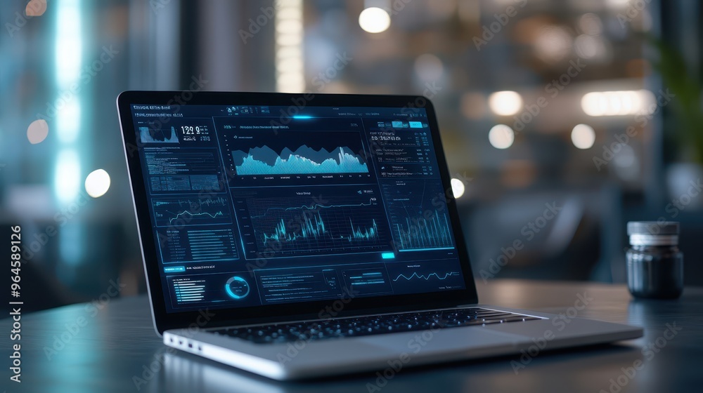 Detailed shot of a laptop displaying a virtual health dashboard with cloud synchronization, focus on real-time data points, blurred modern office. Detailed shot of a laptop displaying a virtual health dashboard with cloud synchronization, focus on real-time data points, blurred modern office.