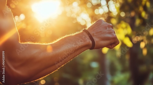 Close-up of a person stretching with focus on muscles, blurred scenic nature background, sunlight filtering through trees, serene mood.