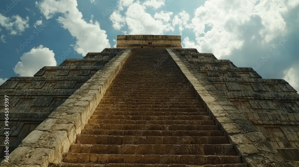 The grandeur of El Castillo at Chichen Itza, seen from the base looking up at the steep steps. The grandeur of El Castillo at Chichen Itza, seen from the base looking up at the steep steps.