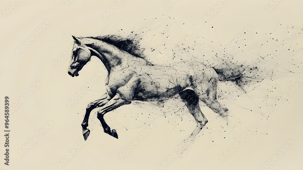 Running Horse from Lines: A dynamic image of a galloping horse, its powerful form outlined by flowing lines and clusters of dots representing its muscles.
Running Horse from Lines: A dynamic image of a galloping horse, its powerful form outlined by flowing lines and clusters of dots representing its muscles.