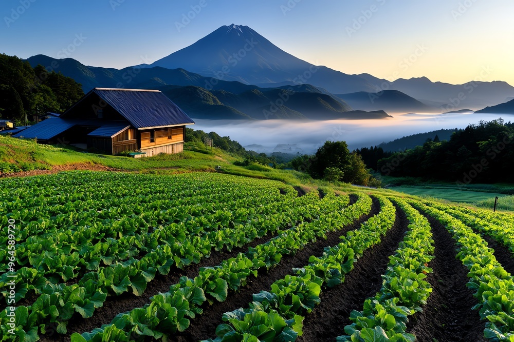 Japanese farm, misty mountains in the background, early morning fog gives the farm a dreamlike quality as the sun rises over the horizon Japanese farm, misty mountains in the background, early morning fog gives the farm a dreamlike quality as the sun rises over the horizon