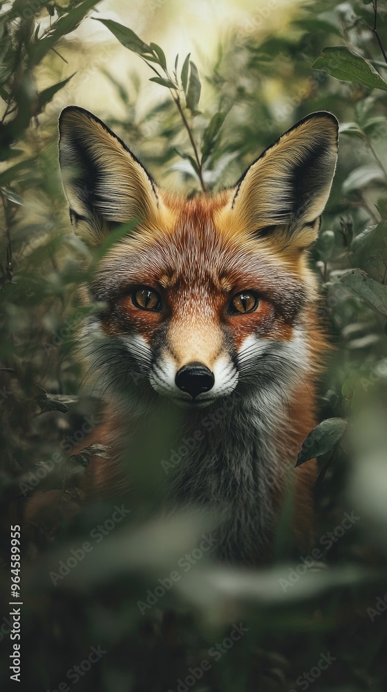 Fototapeta premium A close-up portrait of a fox blending into its lush green surroundings, showcasing its striking features and curious expression.