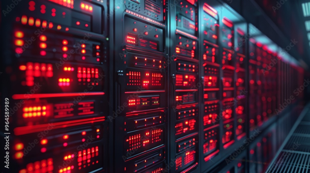 Advanced Data Center with Red LED Lights Highlighting Server Racks for Mitigating Cybersecurity Risks and Ensuring Data Protection Advanced Data Center with Red LED Lights Highlighting Server Racks for Mitigating Cybersecurity Risks and Ensuring Data Protection