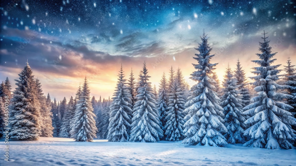 Pine trees covered in snow during a winter snowfall, creating a beautiful frosty evening panorama Pine trees covered in snow during a winter snowfall, creating a beautiful frosty evening panorama