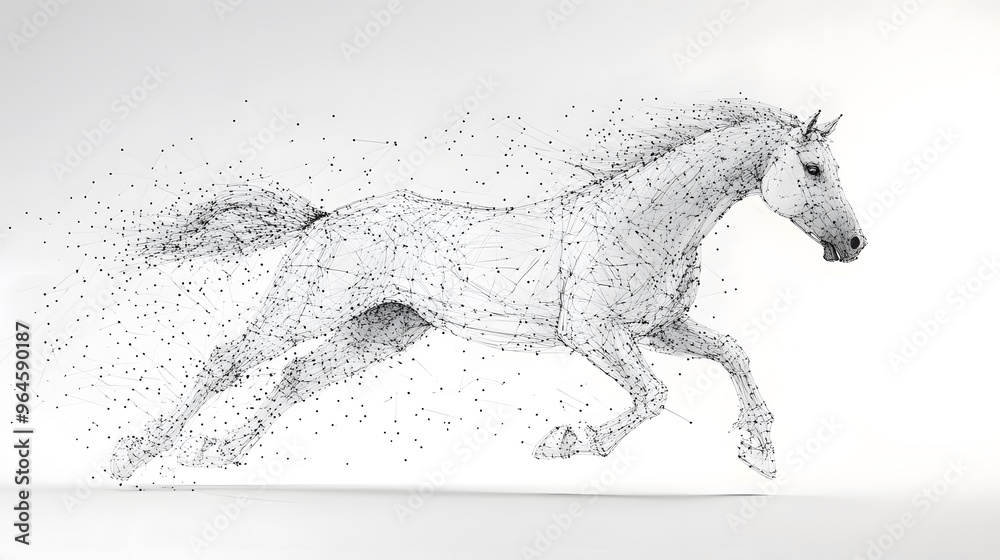 Fototapeta premium Running Horse from Lines: A dynamic image of a galloping horse, its powerful form outlined by flowing lines and clusters of dots representing its muscles. 