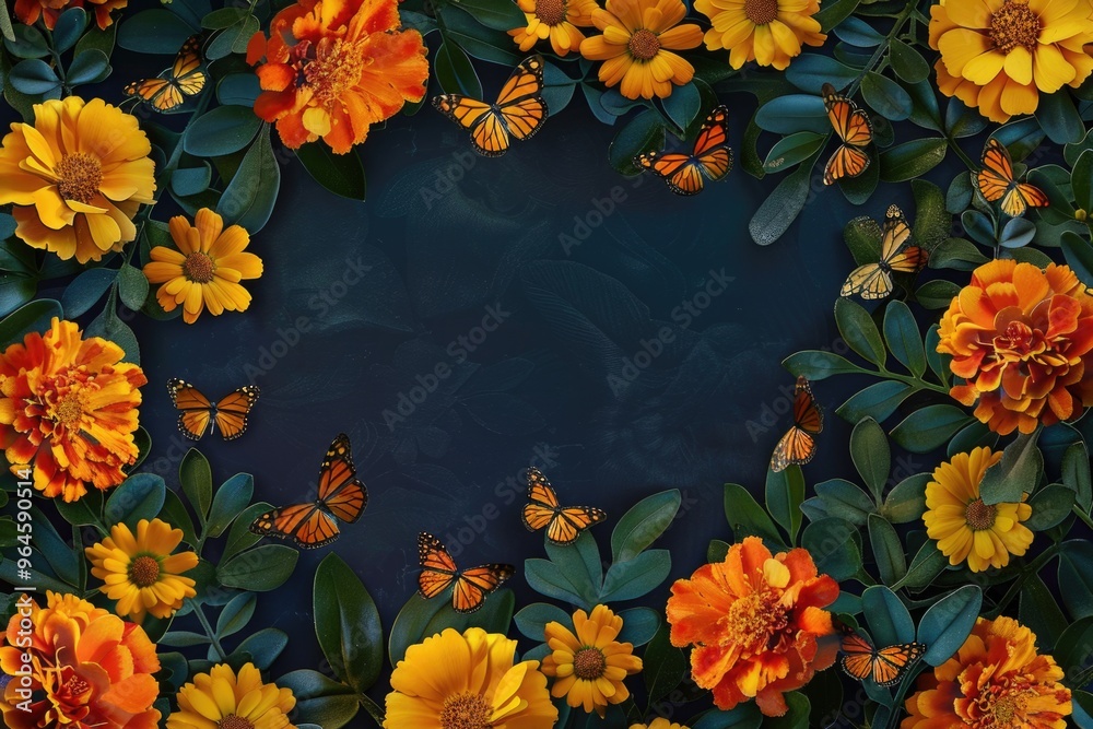 Vibrant dia de los muertos marigold and monarch butterfly border with copy space. AI Vibrant dia de los muertos marigold and monarch butterfly border with copy space. AI