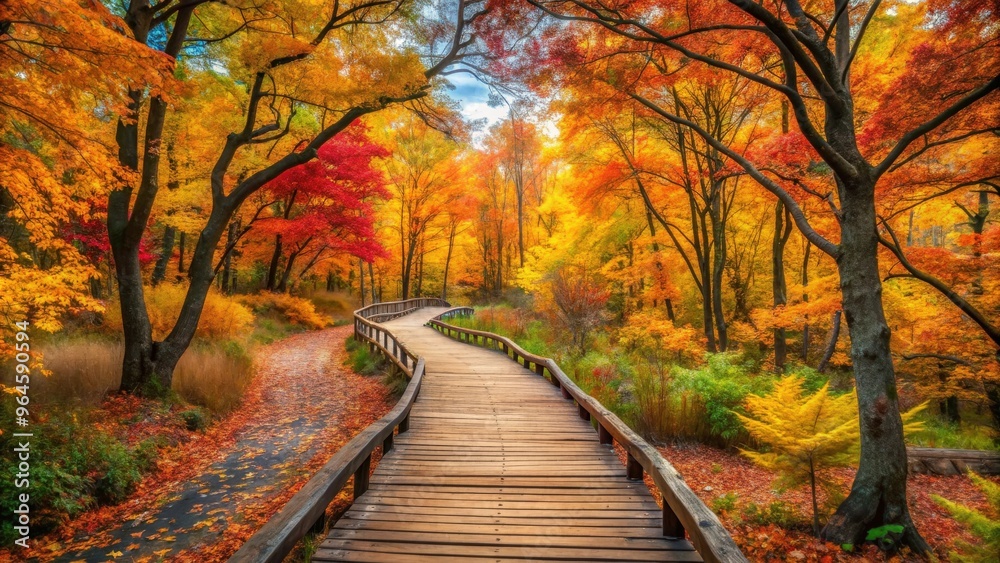 Panoramic view of a stunning autumn landscape with a wooden path winding through colorful foliage and trees Panoramic view of a stunning autumn landscape with a wooden path winding through colorful foliage and trees