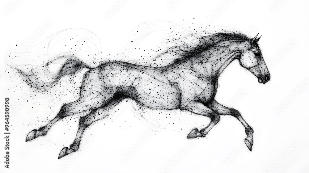 Running Horse from Lines: A dynamic image of a galloping horse, its powerful form outlined by flowing lines and clusters of dots representing its muscles.
Running Horse from Lines: A dynamic image of a galloping horse, its powerful form outlined by flowing lines and clusters of dots representing its muscles.