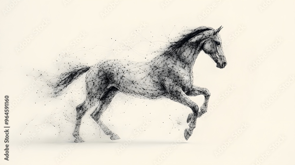 Fototapeta premium Running Horse from Lines: A dynamic image of a galloping horse, its powerful form outlined by flowing lines and clusters of dots representing its muscles. 