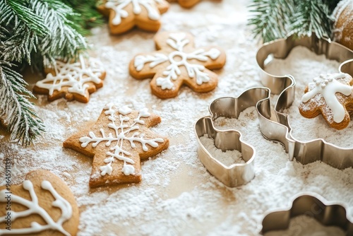 Decorative gingerbread cookies with icing on a snowy table, surrounded by festive pine branches and cookie cutters.