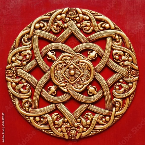 Intricate golden knot design on a vibrant red background, symbolizing unity and harmony in decorative art.