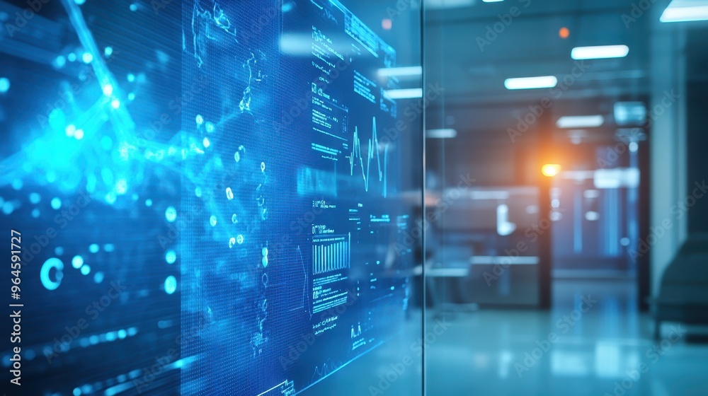 Close-up of a holographic display showing patient health data synced to the cloud, focus on glowing interface, blurred modern office background. Close-up of a holographic display showing patient health data synced to the cloud, focus on glowing interface, blurred modern office background.