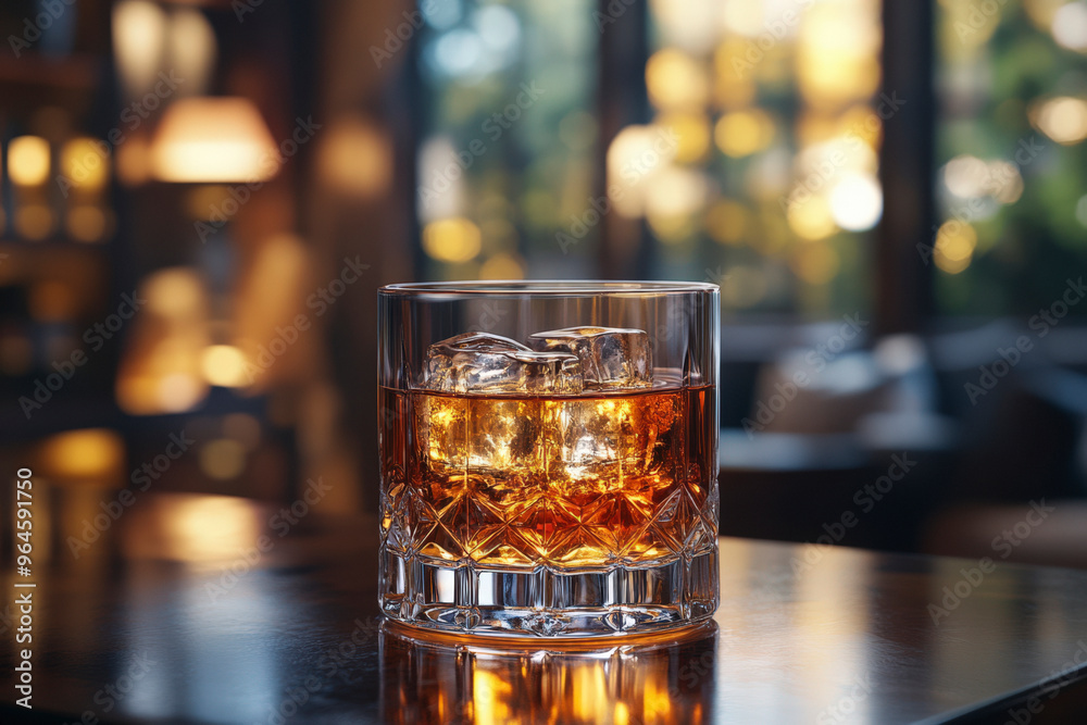 Classic glass of scotch whiskey with ice cubes on top of wooden polished table and rustic classic background Classic glass of scotch whiskey with ice cubes on top of wooden polished table and rustic classic background
