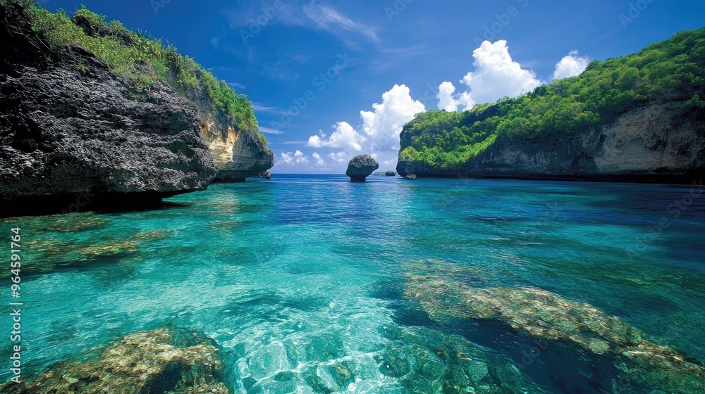 The iconic rock formations of Nusa Penida, with crystal-clear waters lapping against the shore. The iconic rock formations of Nusa Penida, with crystal-clear waters lapping against the shore.
