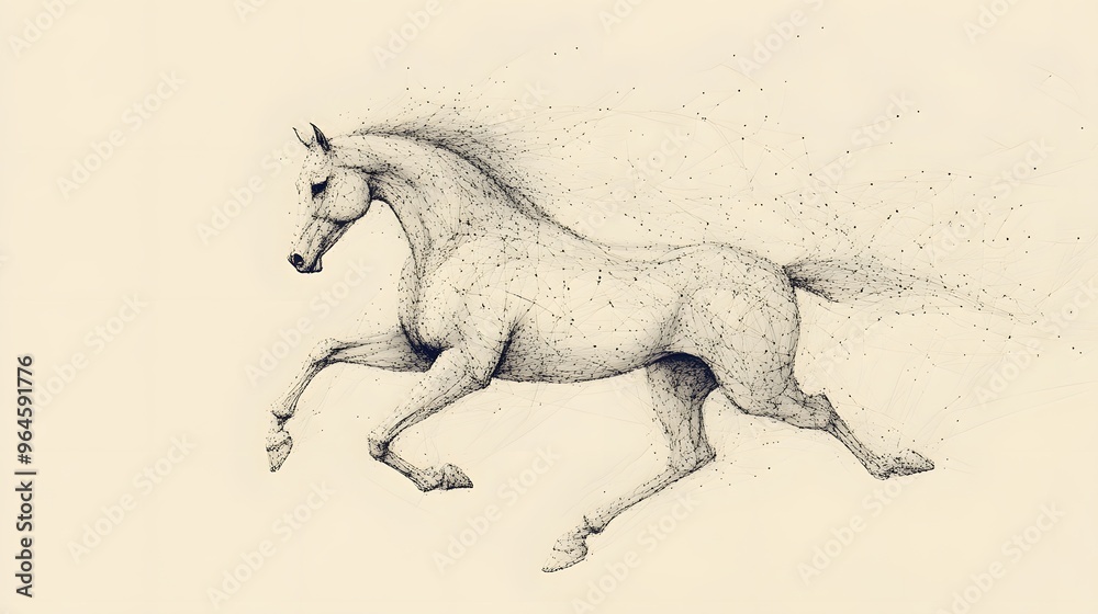Fototapeta premium Running Horse from Lines: A dynamic image of a galloping horse, its powerful form outlined by flowing lines and clusters of dots representing its muscles. 