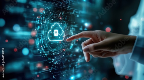 A hand reviewing encrypted health data on a digital screen, sharp focus on the cloud security symbol, blurred high-tech background, photorealistic.