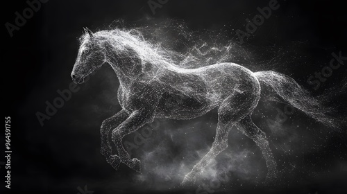 Running Horse from Lines: A dynamic image of a galloping horse, its powerful form outlined by flowing lines and clusters of dots representing its muscles.
