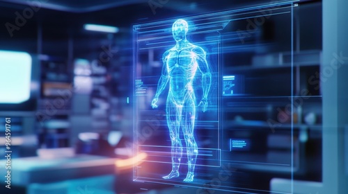 Detailed shot of a holographic virtual doctor appearing on a health device, focus on glowing hologram, blurred high-tech room in the background.