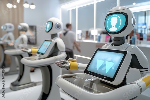 Group of humanoid robots in a futuristic salon, interacting with screens. Concept of AI-powered beuty analysis and personalized care technology photo