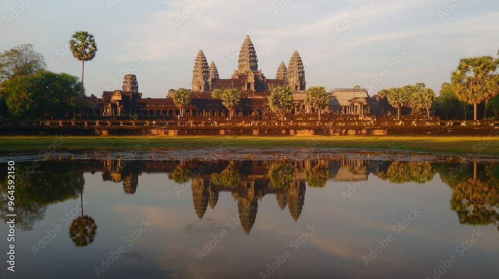 Fototapeta premium The iconic towers of Angkor Wat reflected in the surrounding moat at sunrise.