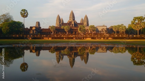 The iconic towers of Angkor Wat reflected in the surrounding moat at sunrise.