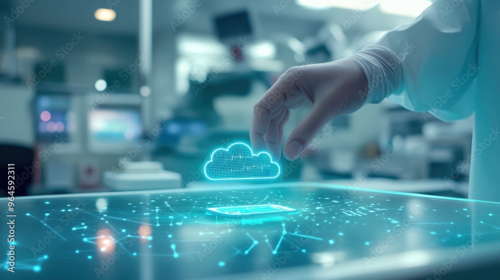 A hand placing a medical device on a table with cloud-syncing in progress, focus on glowing cloud icon, blurred futuristic office in the background. A hand placing a medical device on a table with cloud-syncing in progress, focus on glowing cloud icon, blurred futuristic office in the background.